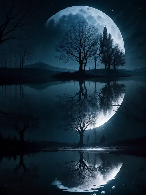 arafed image of a tree in a puddle with a full moon in the background, a photo by Igor Zenin, flickr, fantasy art, reflection of the moon, sandy white moon landscape, beautiful image ever created, beautiful!!! digital art, beautiful moonlight, gorgeous com...