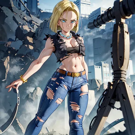 best quality, high definition, and18, 1girl, android 18, solo, blonde hair, blue eyes, belt, jeans, pearl_necklace, bracelet, na...