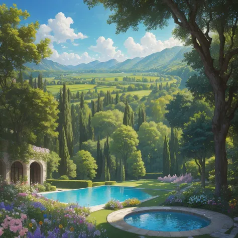 a view of a pool surrounded by trees and flowers in a garden, many plants and infinite pool, by Bernard D’Andrea, 🌻🎹🎼, with a garden as foreground, by André Bauchant, by Henriette Grindat, green grasse trees and river, terraced orchards and ponds, by Alber...