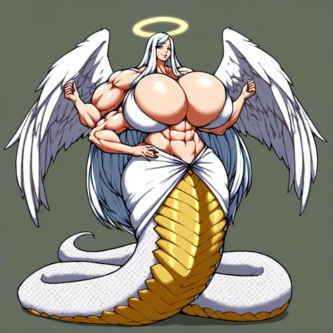 Lamia, long white hair, halo, big angel wings, gigantic muscle, erect penis, big breasts, 4 arms, full body.