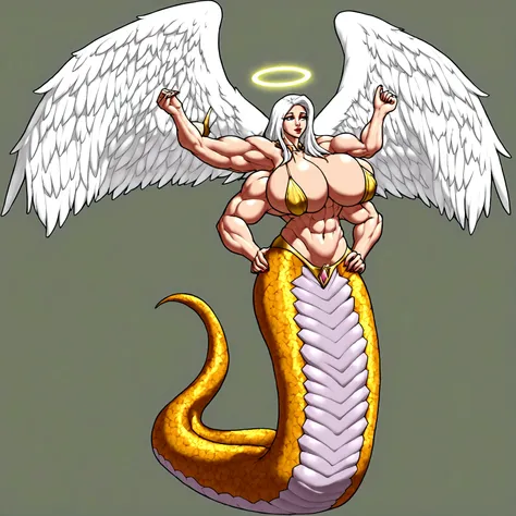 Lamia, long white hair, halo, big angel wings, gigantic muscle, erect penis, big breasts, 4 arms, full body.