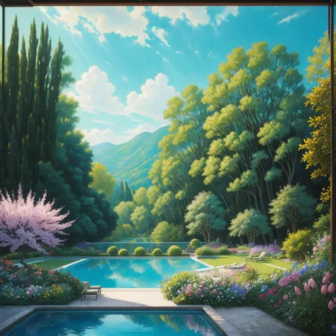 a view of a pool surrounded by trees and flowers in a garden, a pastel by Bernard D’Andrea, flickr, renaissance, many plants and infinite pool, 🌻🎹🎼, with a garden as foreground, green grasse trees and river, terraced orchards and ponds, lush garden in the ...