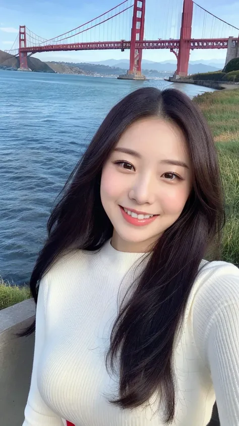 （lifelike， high resolution：1.3）， 1 girl with a perfect figure， The smile is very charming，The face shape and eyes are super beautiful，long hair， White long sleeves：1.2， Short jeans， Big boobs，The Golden Gate Bridge is in the background
