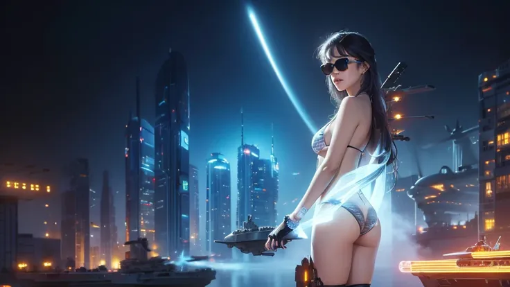 (((a large-breast bikini slim GIRL with black (micro) sunglasses))), (((((aiming at viewer with a pistol))))), a balcony of a futuristic building, aerial view of an ultra-futuristic megalopolis, metal buildings and houses in dark colors from dark blue to b...