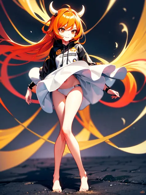 1baby loli anime girl, baby loli anime girl, yellow combined with orange and red eyes, light red hair, hoodie black and white with cow pattern, Bare feet, funny face, sweet smile, high quality, detailed, sharp, anime style, vibrant colors, smooth lines, be...