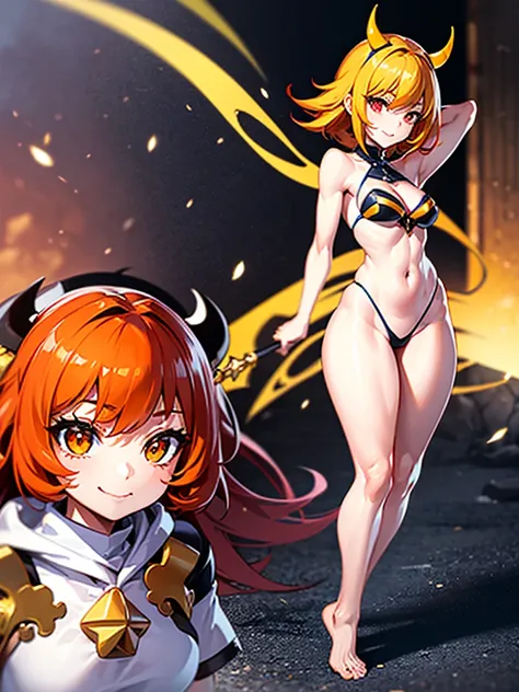 1baby loli anime girl, baby loli anime girl, yellow combined with orange and red eyes, light red hair, hoodie black and white with cow pattern, Bare feet, funny face, sweet smile, high quality, detailed, sharp, anime style, vibrant colors, smooth lines, be...