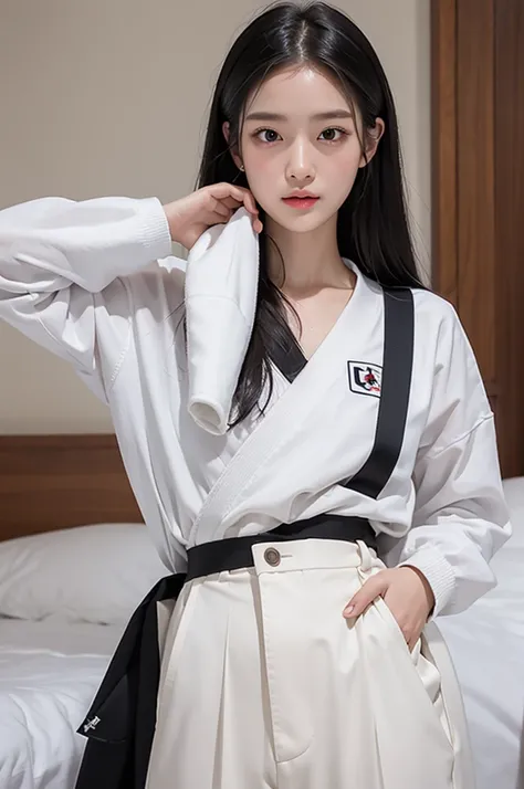 masterpiece, ultra details, best quality, 1 korean taekwondo girl, masterpiece, ultra details, best quality, black long straight hair, wearing sweaty white World Taekwondo Federation dobok uniform with black v-neck, wearing taekwondo blackbelt, wearing whi...