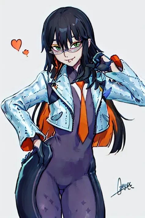 Daraku, Alone, 1girl, glasses, green eyes, jacket, bodysuit, orange tie, long hair, gloves, smile, vampire, sexy body, best quality, masterpiece 