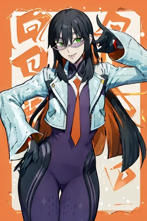 daraku, alone, 1girl, glasses, green eyes, jacket, bodysuit, orange tie, long hair, vampire, gloves, smile, sexy body, best qual...