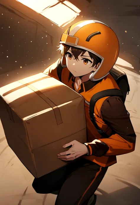 The boy wore an orange helmet with yellow trim, brown eyes, an orange polo shirt with white trim, a black backpack, and was carrying a small box.