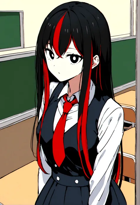 ( Bnha style)a girl with black eye color, long straight hair,bluish black color,with average bust,in bha&#39;s attire,with waist,with red streaks in her hair,in the background of bha&#39;s classroom