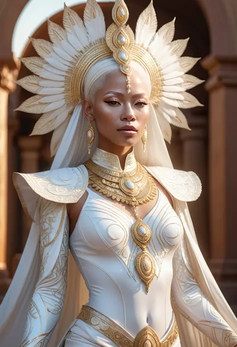 Beautiful commissioned full-length portrait of an albino and Latino female humanoid deity, hyper-detailed portrait, 8k realistic, global lighting, radiant light, detailed and complex surroundings, elegant