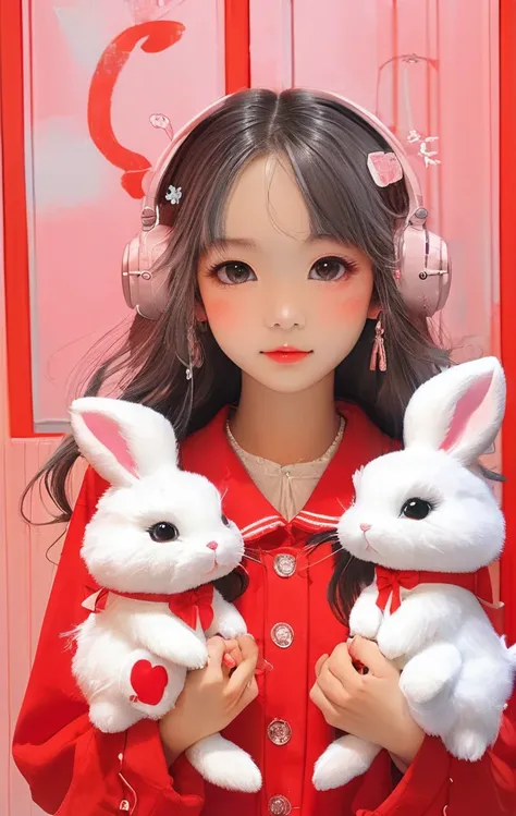 On a bright red campus"YES"Character、beautiful illustration, best quality, cute girl, bedroom, pastel color, fluffy bunny ears, , silver long hair, rabbit stuffed toy, bright lighting, light pink eyes