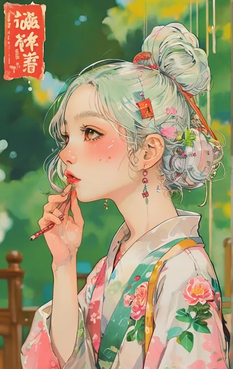 On a bright red campus"YES"Character、(masterpiece, best quality:1.2), 1 girl, Solitary，anime style，White hair, Girl with pink lips and light floral earrings puts finger on mouth，With the style of a top portrait painter, Yellow-green background.