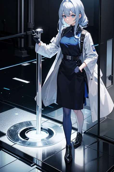 1woman, metallic hair, blue eyes, lab coat, dress, standing on ground, high res, ultra sharp, 8K, masterpiece