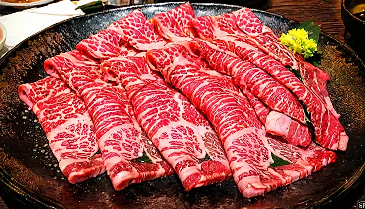 an enticing stack of premium japanese wagyu beef slices, meticulously arranged for hot pot, bathed in a focused ambient light th...