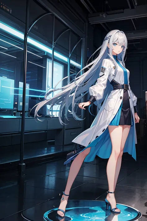 1woman, metallic hair, blue eyes, lab coat, dress, standing on ground, high res, ultra sharp, 8K, masterpiece