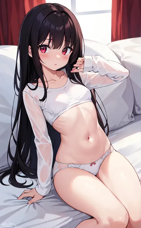 (best quality,high resolution,Beautiful detailed eyes,White lighting:1.2),red eyes, looking at viewer, long hair, black hair, blush, laying on bed,,small shirt,small scurt,exposed stomach, medium breasts