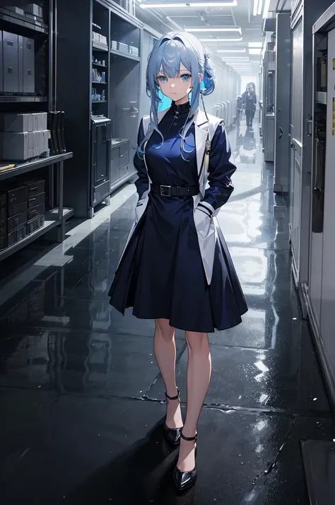 1woman, metallic hair, blue eyes, lab coat, dress, standing on ground, high res, ultra sharp, 8K, masterpiece