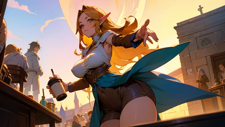 Anime Style,Nostalgic,Detailed background,The medieval world,A lively coffee shop with lots of people,Beautiful sky,Beautiful bard elf girl holding coffee,Large Breasts,Healthy thighs,Protruding buttocks,Underarm