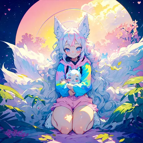 a cute adult male with wolf ears, long white hair, long locks, has a wolf tail, thick thighs, wide hips, short, wearing pink romper with a hood and pink shorts, has heart on shirt, has bunny ears on hood, very slim, showing slender tummy, squishy thighs, h...