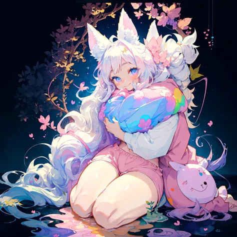 a cute adult male with wolf ears, long white hair, long locks, has a wolf tail, thick thighs, wide hips, short, wearing pink romper with a hood and pink shorts, has heart on shirt, has bunny ears on hood, very slim, showing slender tummy, squishy thighs, h...