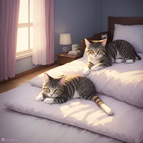 a cat laying on a bed  in the room, realistic anime cat, anime visual of a cute cat, anime cat, by Yang J, by Eizan Kikukawa, by Kamagurka, by Ni Tian, cute detailed digital art, beautiful illustration, cute detailed artwork, trending on artstation pixiv, ...