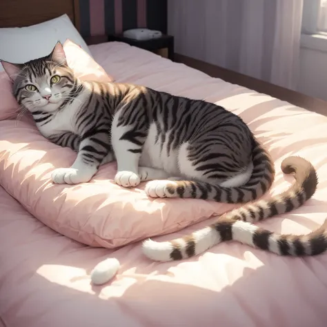 a cat laying on a bed  in the room, realistic anime cat, anime visual of a cute cat, anime cat, by Yang J, by Eizan Kikukawa, by Kamagurka, by Ni Tian, cute detailed digital art, beautiful illustration, cute detailed artwork, trending on artstation pixiv, ...