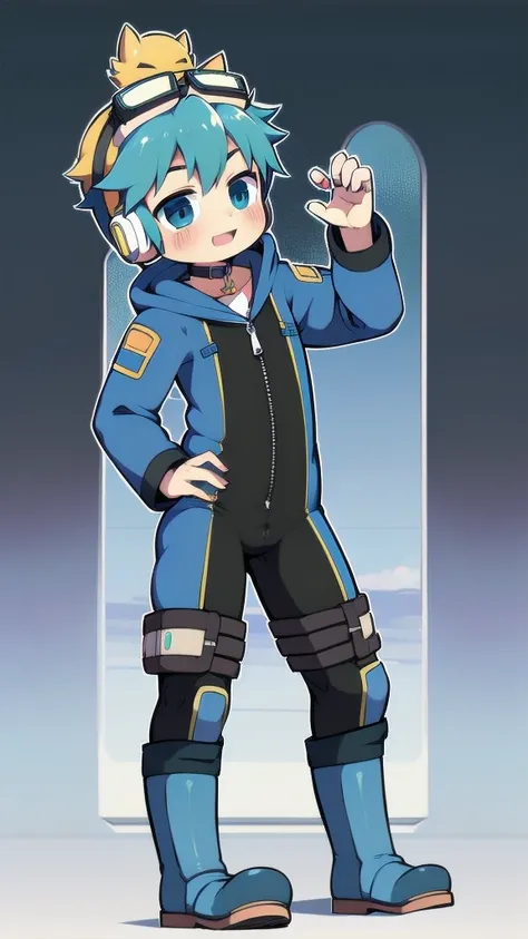 2D Boy Shota，One-piece mountaineering suit，Slim, healthy body，Put the headphones on your head，stand up，goggles，happy，Sailor collar，tie，Zipper pulled down，boots，hood，strap