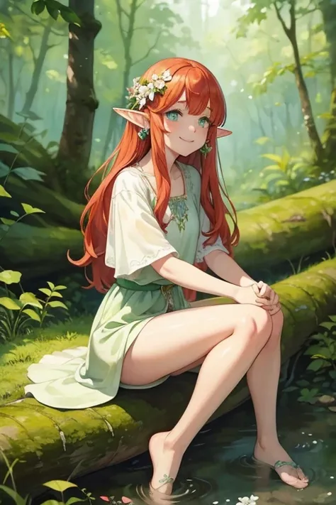 (watercolor: 1.2), elf princess, flower, freckles, bangs, redhead, long hair, green eyes, hair between eyes, flower earrings,Full body, sitting on a log in the middle of the forest, smiling, quite delicate, blurred background, high resolution  