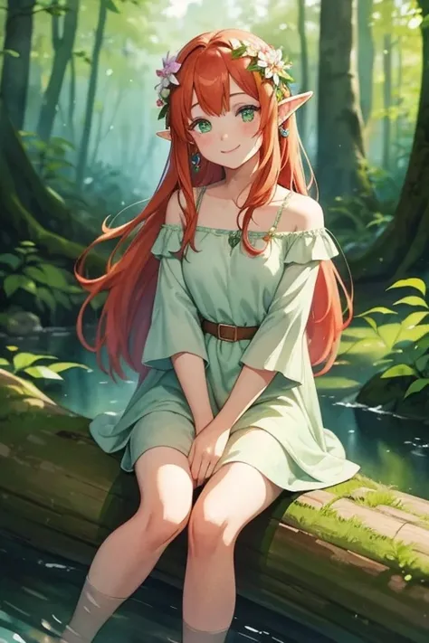 (watercolor: 1.2), elf princess, flower, freckles, bangs, redhead, long hair, green eyes, hair between eyes, flower earrings,Full body, sitting on a log in the middle of the forest, smiling, quite delicate, blurred background, high resolution  