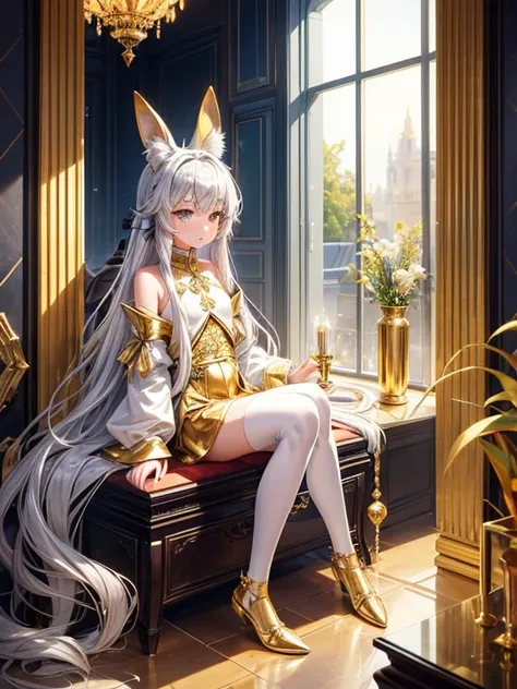 Silver long hair golden bunny ears with 2 golden cat tails silver collar with golden bell wearing silver shoulderless silver skirt and golden socks sitting inside locked golden glass box