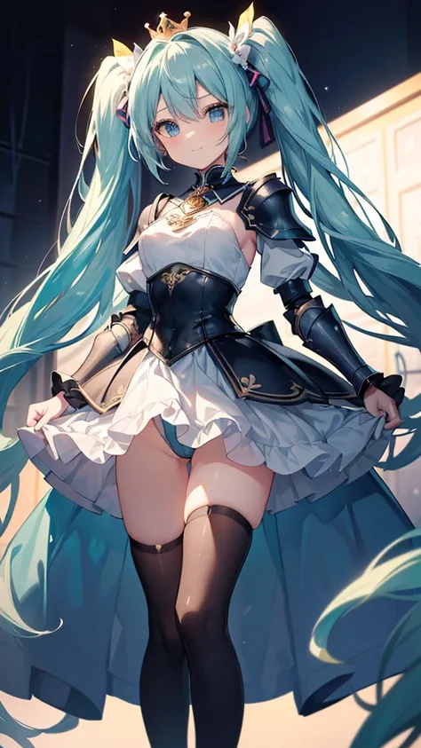 ((masterpiece、8k、highest quality、perfect fingers: 1.5、perfect anatomy: 1.5、background blur))、(Middle school students、slender、A shy and kind-hearted  beautiful girl、Hatsune Miku, （smile：1.5）、((Princess Knight、armor dress、high waist、long tutu leotard、thigh h...