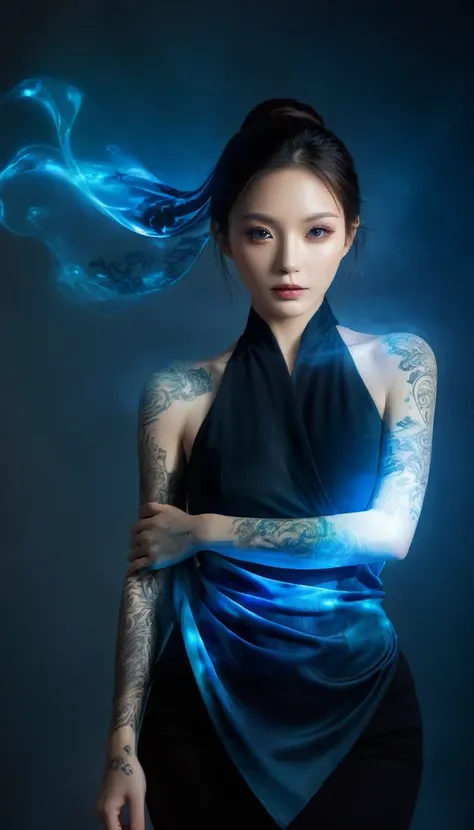 Double Exposure Style,Volumetric Lighting,a girl (Supermodel) with Wrap top,arching her back, beautiful tattoo, Traditional Attire,Artistic Calligraphy and Ink,light depth,dramatic atmospheric lighting,Volumetric Lighting,double image ghost effect,image co...