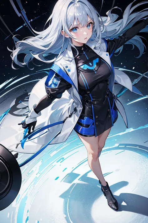 1woman, metallic hair, blue eyes, lab coat, dress, standing on ground, high res, ultra sharp, 8K, masterpiece