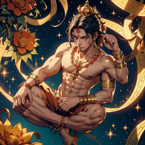 Illustration of Hanuman, a Hindu deity with a monkey face and muscular body, wearing a golden crown with ornate details, adorned with jewelry and garlands of flowers. He holds a gadā (mace) in his right hand and displays a blessing gesture with his left ha...