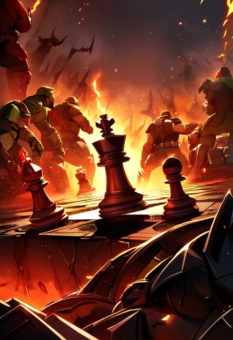 DOOMGUY fighting chess pieces in hell