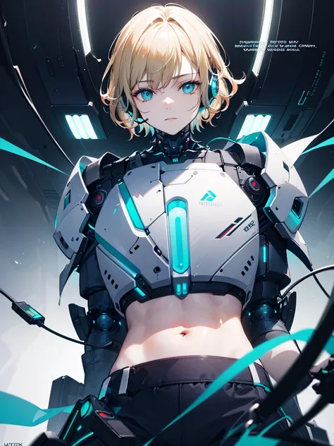 1boy((young,16years old)), handsome young 16 year old teenage boy, cute face, blonde short hair, messy hair, beautiful detailed azure eyes, sexy boy body, is a cyborg, futuristic lab, futuristic headset with english text, cyborg crop top armor, ((cyborg cr...