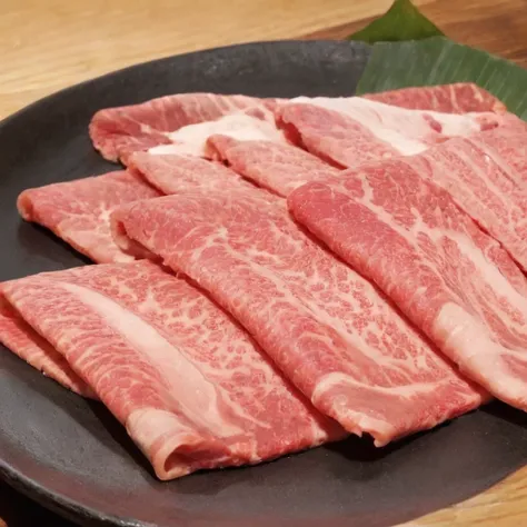 an enticing stack of premium japanese wagyu beef slices, meticulously arranged for hot pot, bathed in a focused ambient light th...