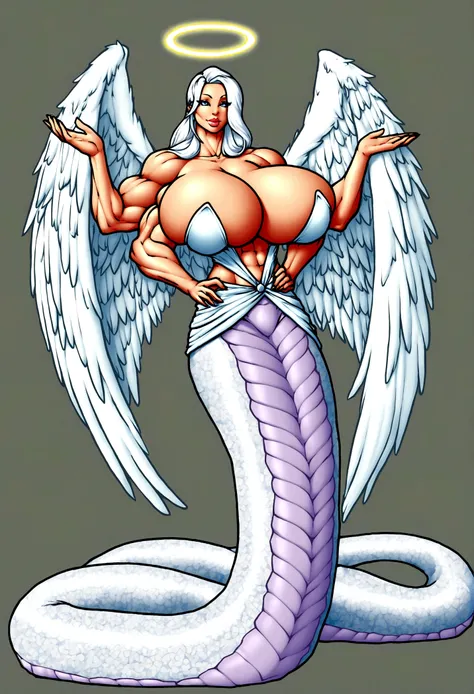 Lamia, long white hair, halo, big angel wings, 9 fluffy tails, gigantic muscle, 3 erect penises, big breasts, 4 arms, full body.