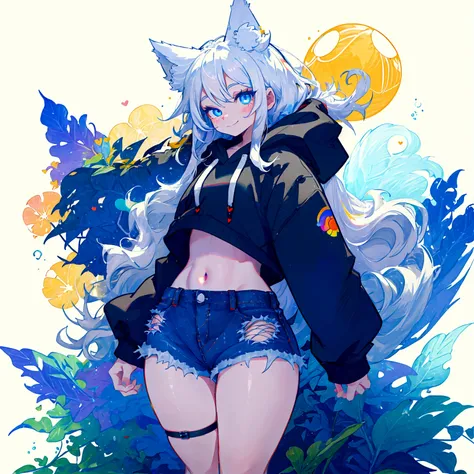 a cute adult male with wolf ears, long white hair, long locks, has a wolf tail, wearing a loose cropped black hoodie, wearing a pair of denim short shorts and fishnet stockings, thick thighs, wide hips, short, very slim, showing slender tummy, heart on hoo...