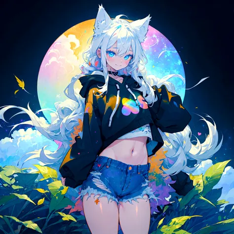 a cute adult male with wolf ears, long white hair, long locks, has a wolf tail, wearing a loose cropped black hoodie, wearing a ...