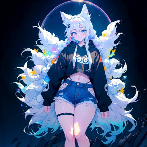 a cute adult male with wolf ears, long white hair, long locks, has a wolf tail, wearing a loose cropped black hoodie, wearing a ...