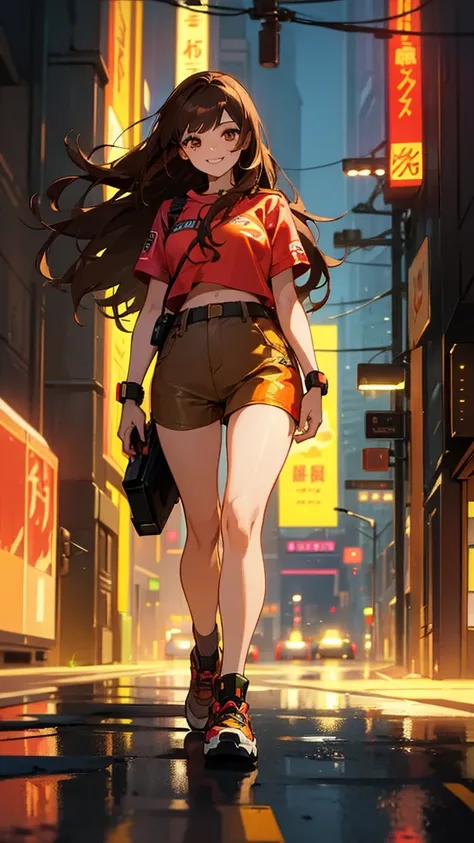 Hyperrealistic illustration, full body young woman, walking through a city with neon lights, cyberpunk city, smiling, brown eyes, shorts, no luck, red and gold blouse, long brown hair