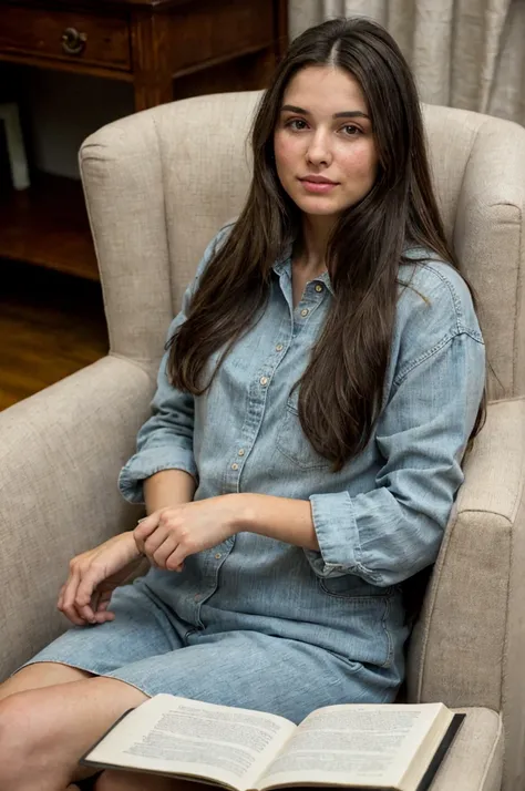 Pretty brunette woman , sitting in an armchair reading a document 