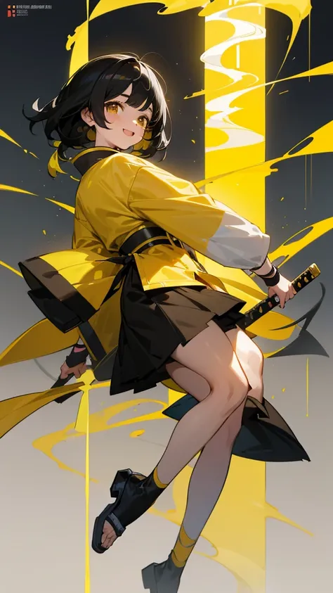 She is 11 years old, she is the pillar of lightning, her haori is yellow with black and white, black hair with a yellow streak and her katana is yellow, she has yellow and white stockings, she is happy and will be called sarami at the same time.