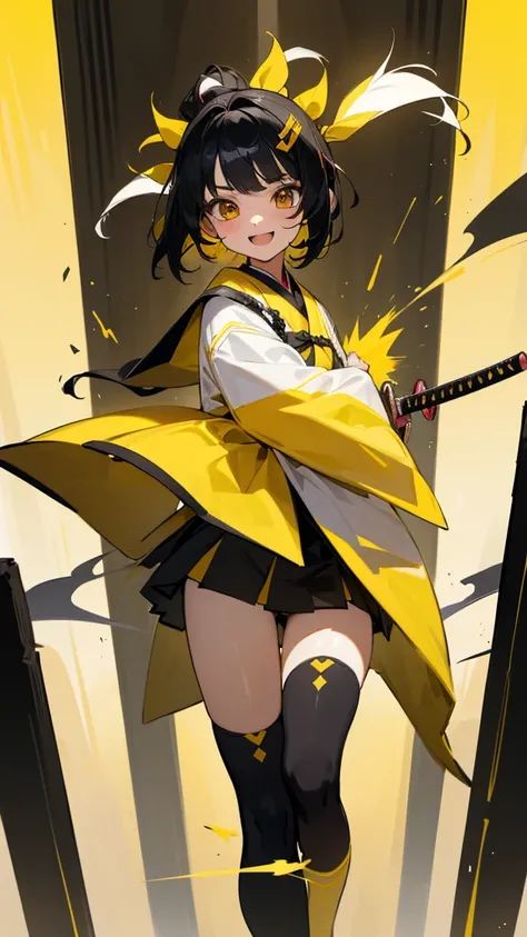 She is 11 years old, she is the pillar of lightning, her haori is yellow with black and white, black hair with a yellow streak and her katana is yellow, she has yellow and white stockings, she is happy and will be called sarami at the same time.