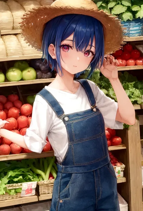 Hashimoto Kannasi、Upper Body、Straw hat、Denim overalls、Blue-haired shorthair、Red Eyes、The background is a fruit and vegetable shop