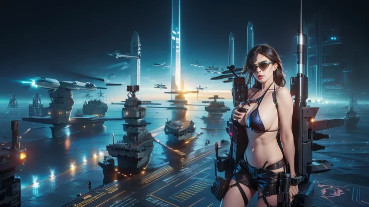 (((a large-breast bikini slim GIRL with black (micro) sunglasses))), (((((aiming at viewer with a pistol))))), a balcony of a futuristic building, aerial view of an ultra-futuristic megalopolis, metal buildings and houses in dark colors from dark blue to b...