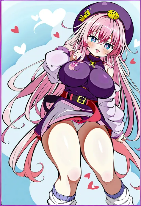 To Love-Ru、Purple off-the-shoulder mini skirt dress、Pink Hair、Big Breasts、White panties、Light purple loose socks、Provocative look、Raw thighs、Light blue eyes、Belt only on left thigh、Are standing